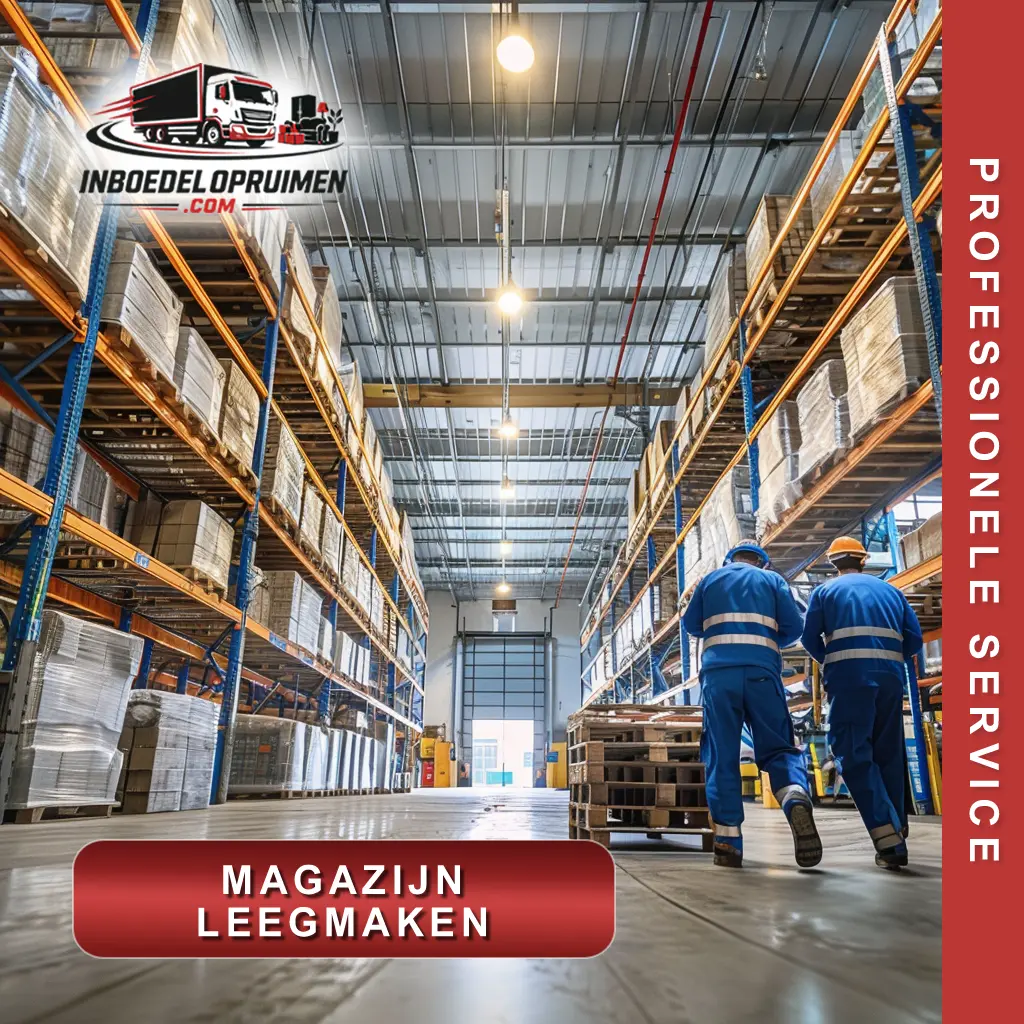 Twee medewerkers verwijderen zware palletrekken en industriële stellingen tijdens professioneel magazijn leegmaken in België