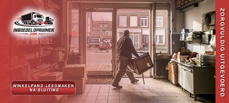 Medewerker verwijdert rekken en winkelinventaris tijdens leegmaken van winkelpand na definitieve sluiting in België