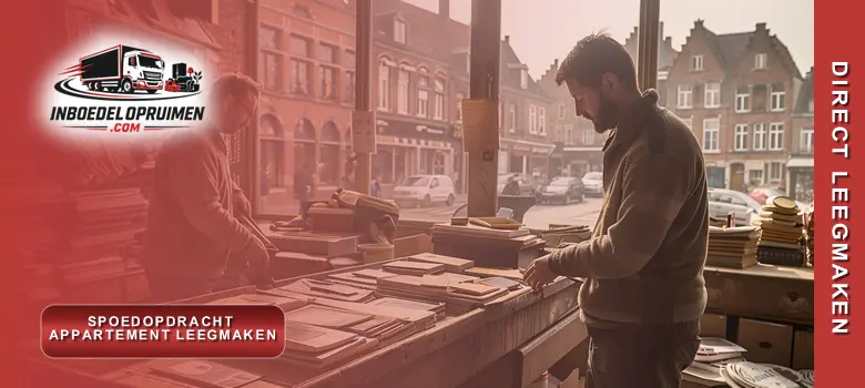 Twee medewerkers voeren spoedopdracht uit voor volledig leegmaken van appartement binnen 48 uur in Vlaanderen