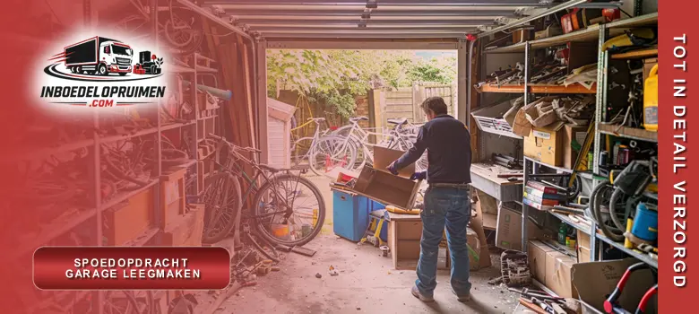 Medewerker draagt zware dozen uit overvolle garage tijdens spoedopdracht garage leegmaken binnen 48 uur in Vlaanderen