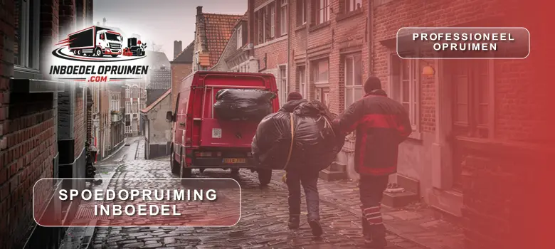 Twee medewerkers laden meubels en dozen snel uit een Belgische woning tijdens een spoedopruiming