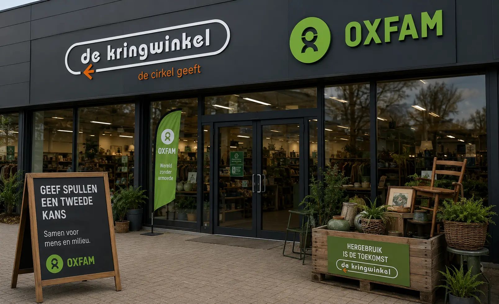 Moderne Kringwinkel en Oxfam winkel met hergebruik meubels en duurzame tweedehands spullen in België