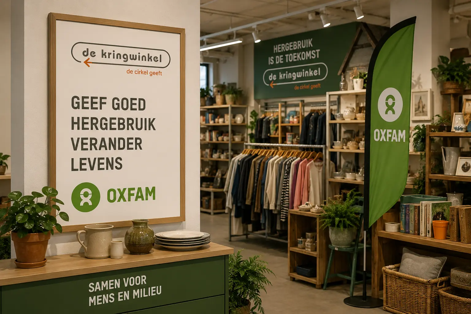 Interieur van een Kringwinkel en Oxfam tweedehandswinkel met kleding, boeken en herbruikbare spullen