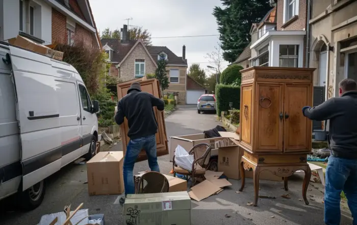 Medewerkers sorteren meubels en spullen na een inboedelopruiming voor afvoer naar kringwinkel