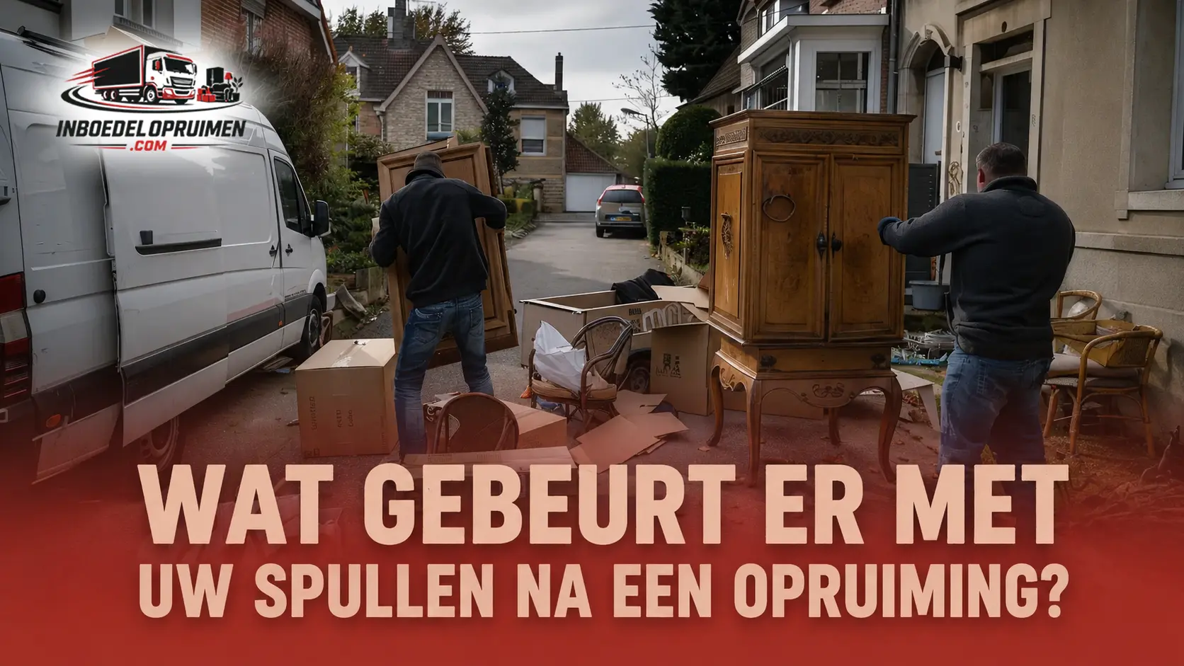 Medewerkers sorteren meubels en spullen na een inboedelopruiming voor afvoer naar kringwinkel