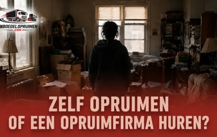 Persoon in rommelige woning twijfelt tussen zelf opruimen of opruimfirma inhuren