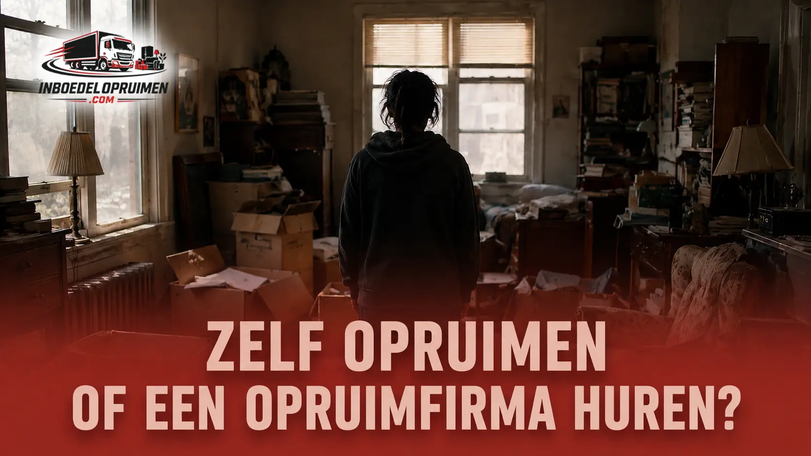 Persoon in rommelige woning twijfelt tussen zelf opruimen of opruimfirma inhuren