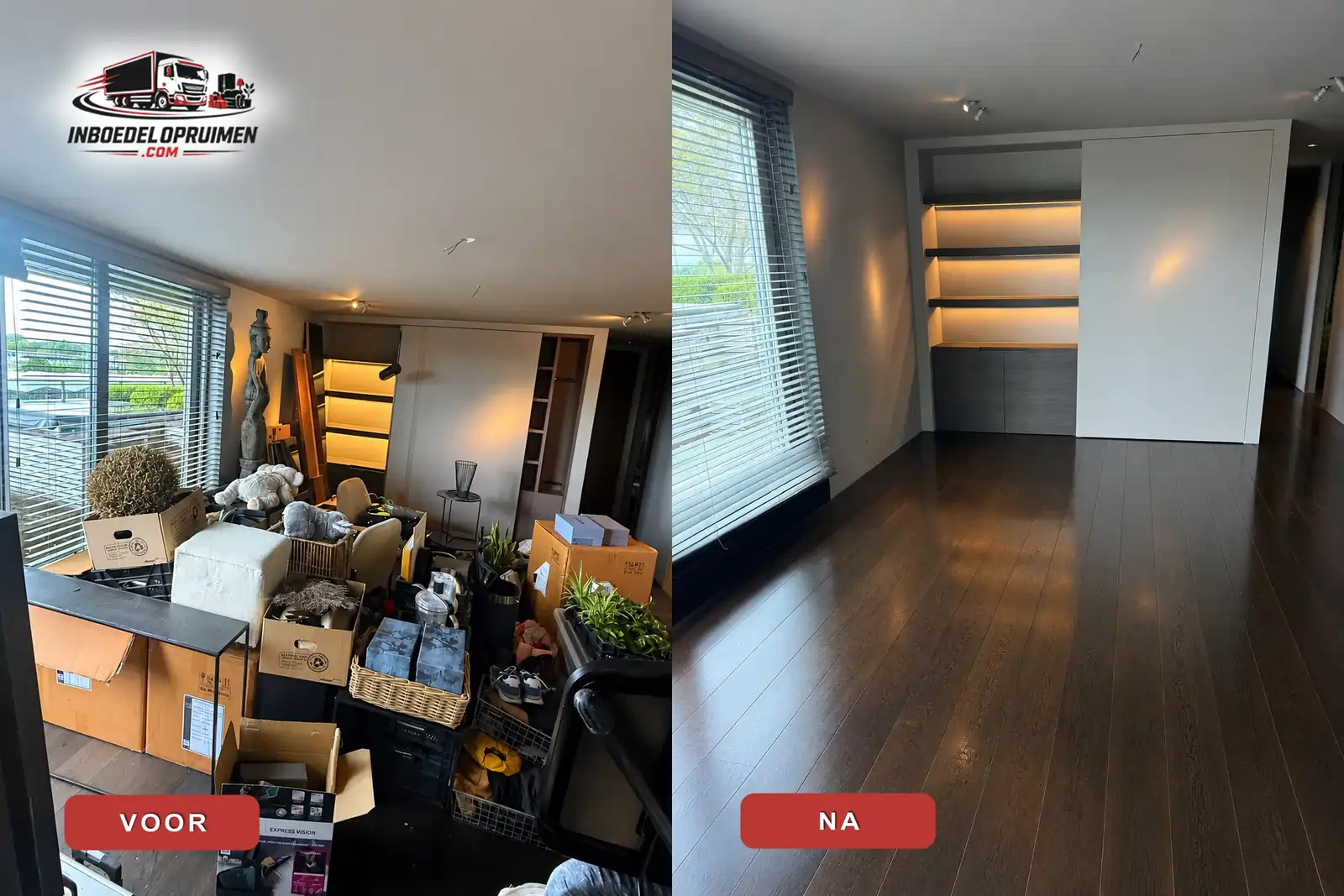 Huis leegmaken Antwerpen — woonkamer voor en na, van vol naar bezemschoon
