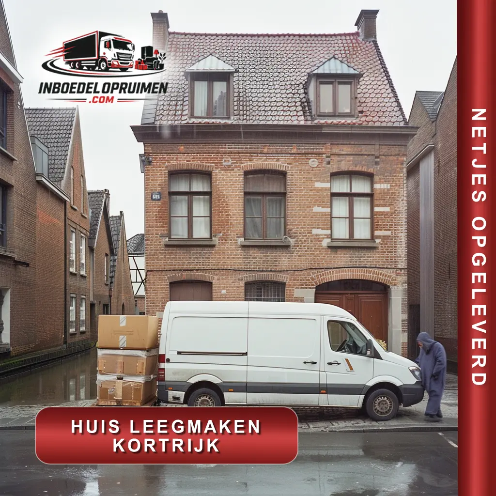 huis-leegmaken-kortrijk Huis leegmaken Kortrijk — verhuizers dragen meubels uit rijhuis naar bestelwagen langs de Leie