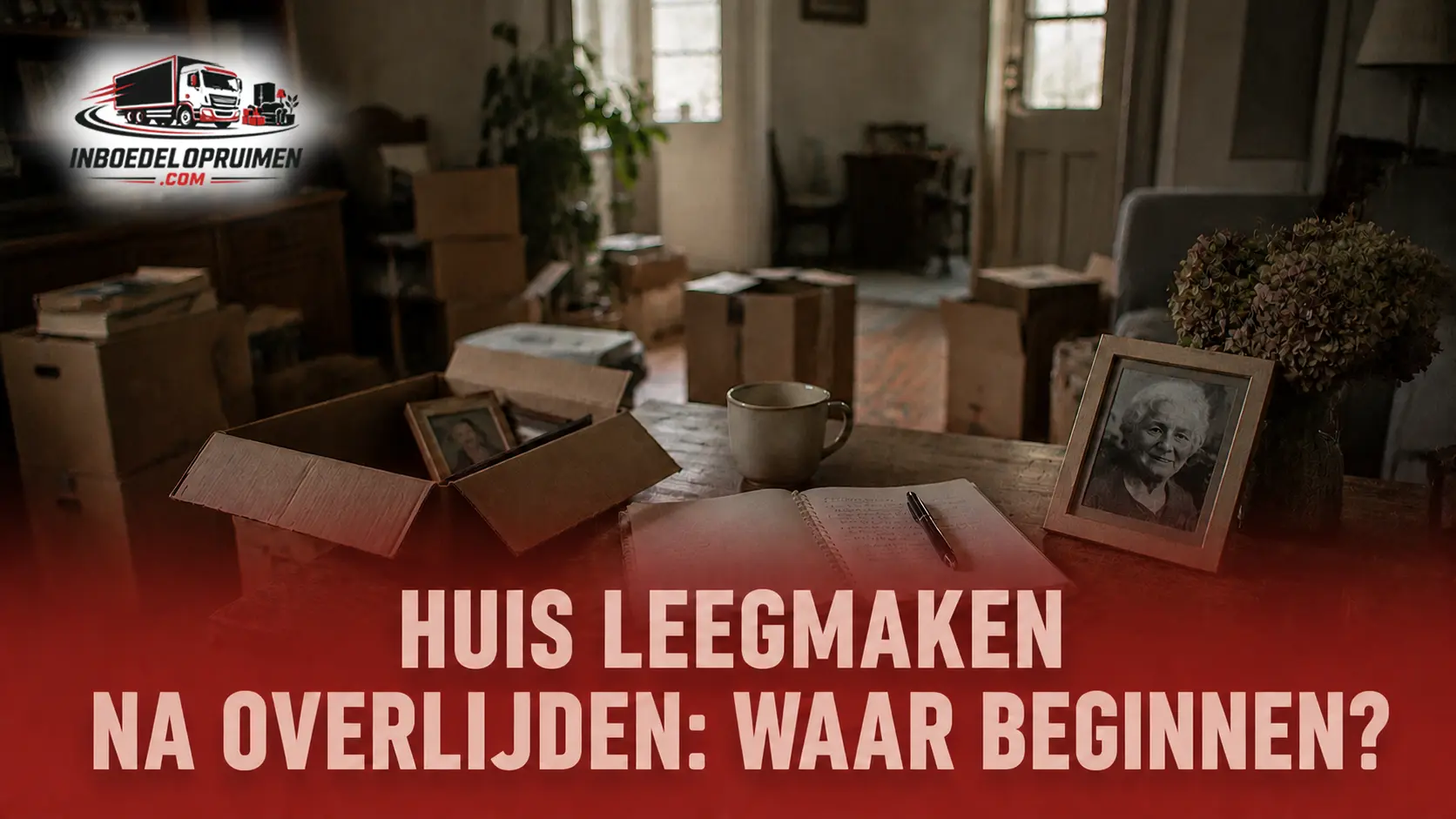 Huis leegmaken na overlijden: dozen en persoonlijke spullen in een woning van een nabestaande